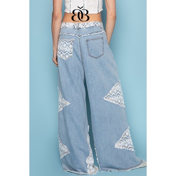 POL Vintage Washed Crochet Patched Straight Wide Leg Slouch Jeans - Picture 4 of 16